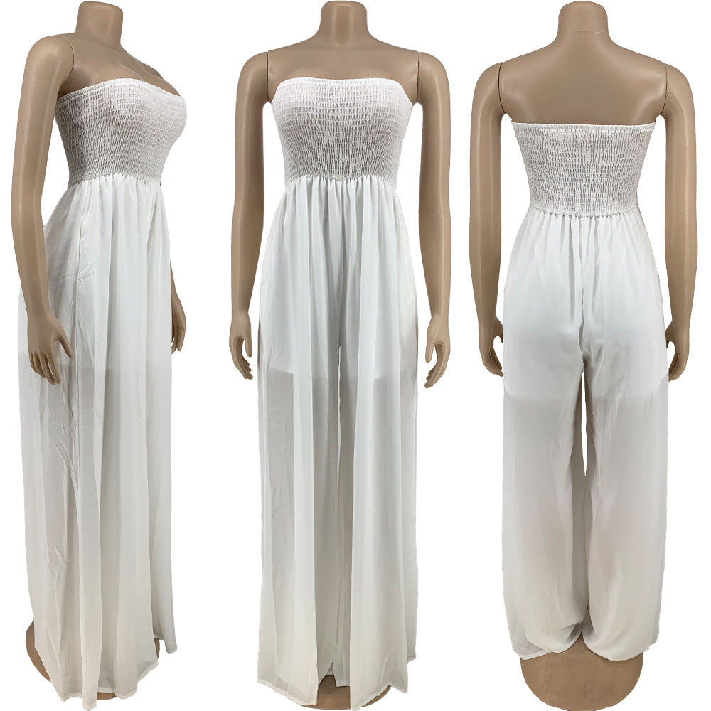 Sexy Plus Size Solid Off Shoulder Strapless Wide Leg Jumpsuit