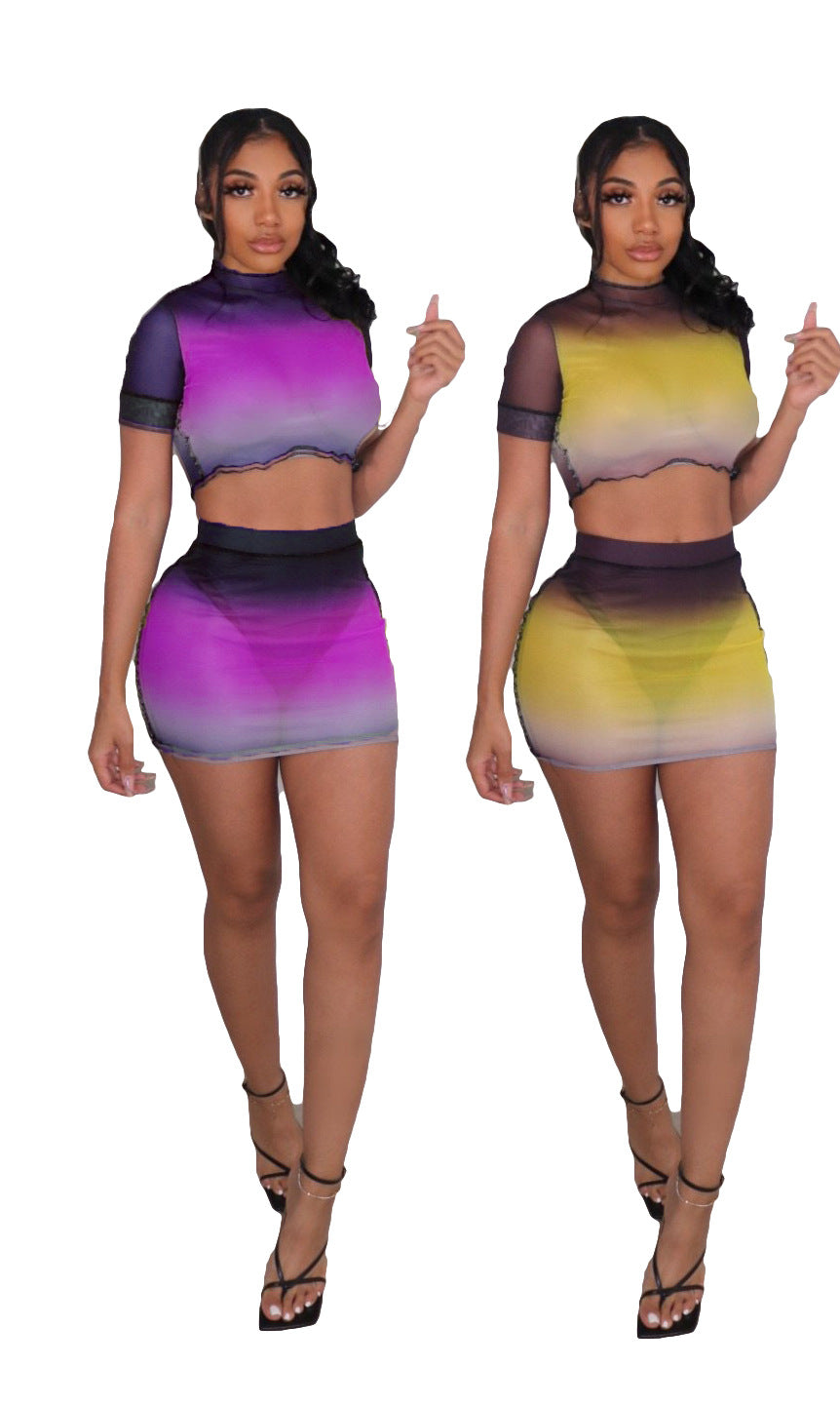 Sexy Sexy Gradient Mesh Crop Top Mini Skirt 2 Piece Sets