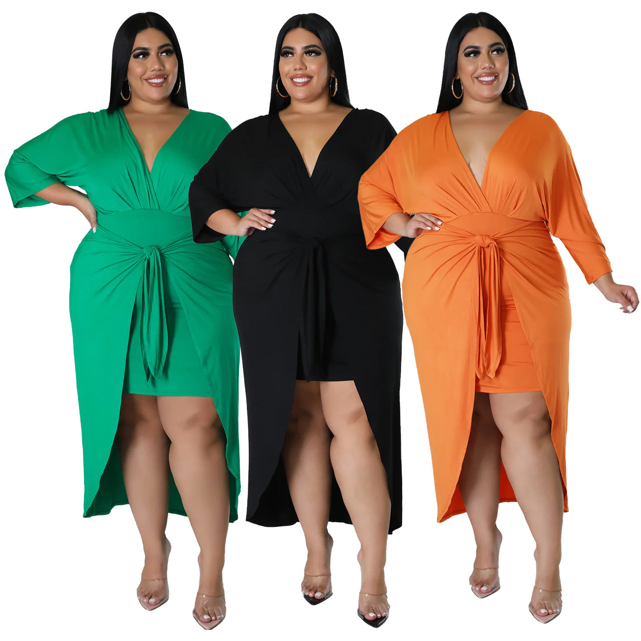 Sexy Plus Size Solid V Neck Irregular Long Dress