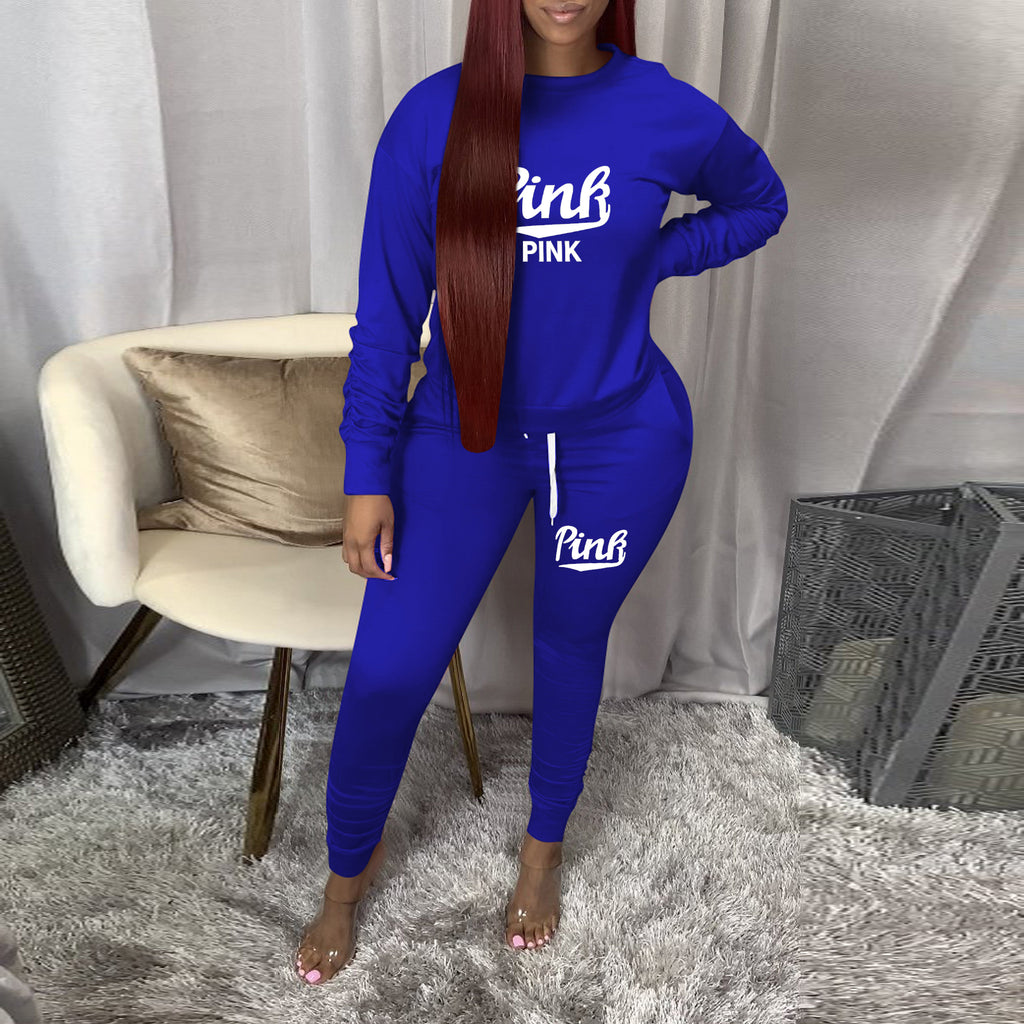 Sexy Casual PINK Letter Print Long Sleeve And Pants 2 Piece Set