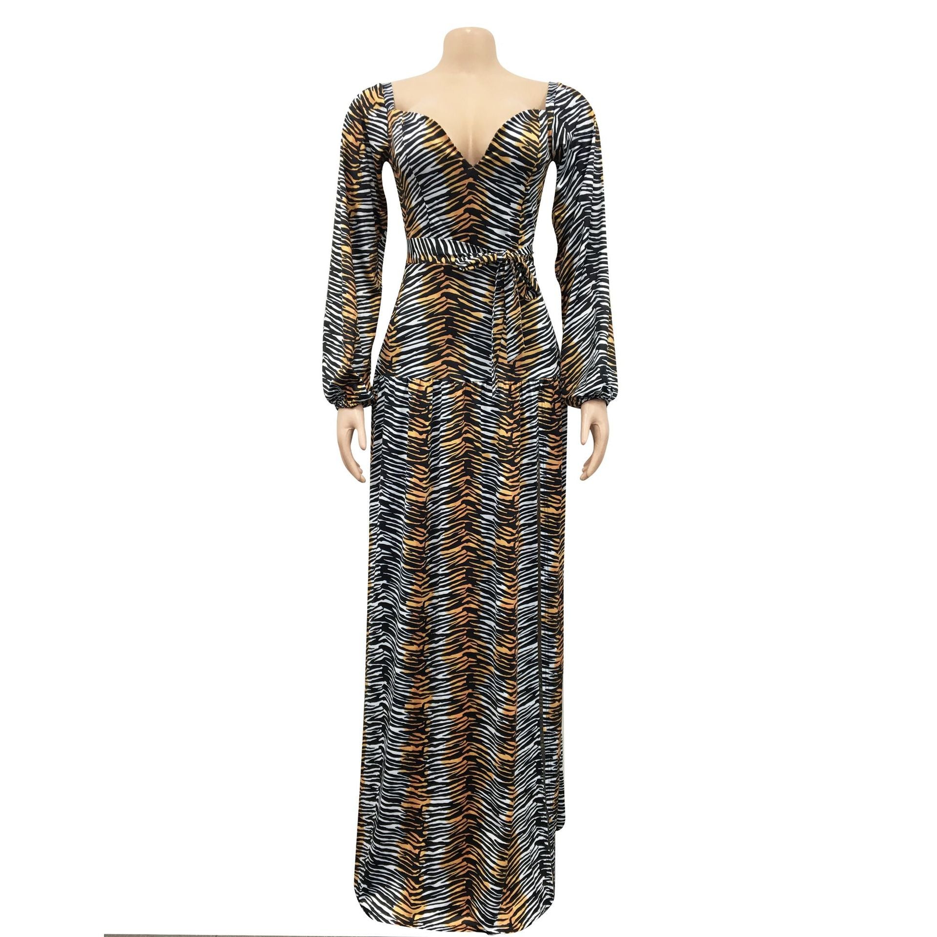 Sexy Sexy Printed V Neck Long Sleeve Split Sashes Maxi Dress