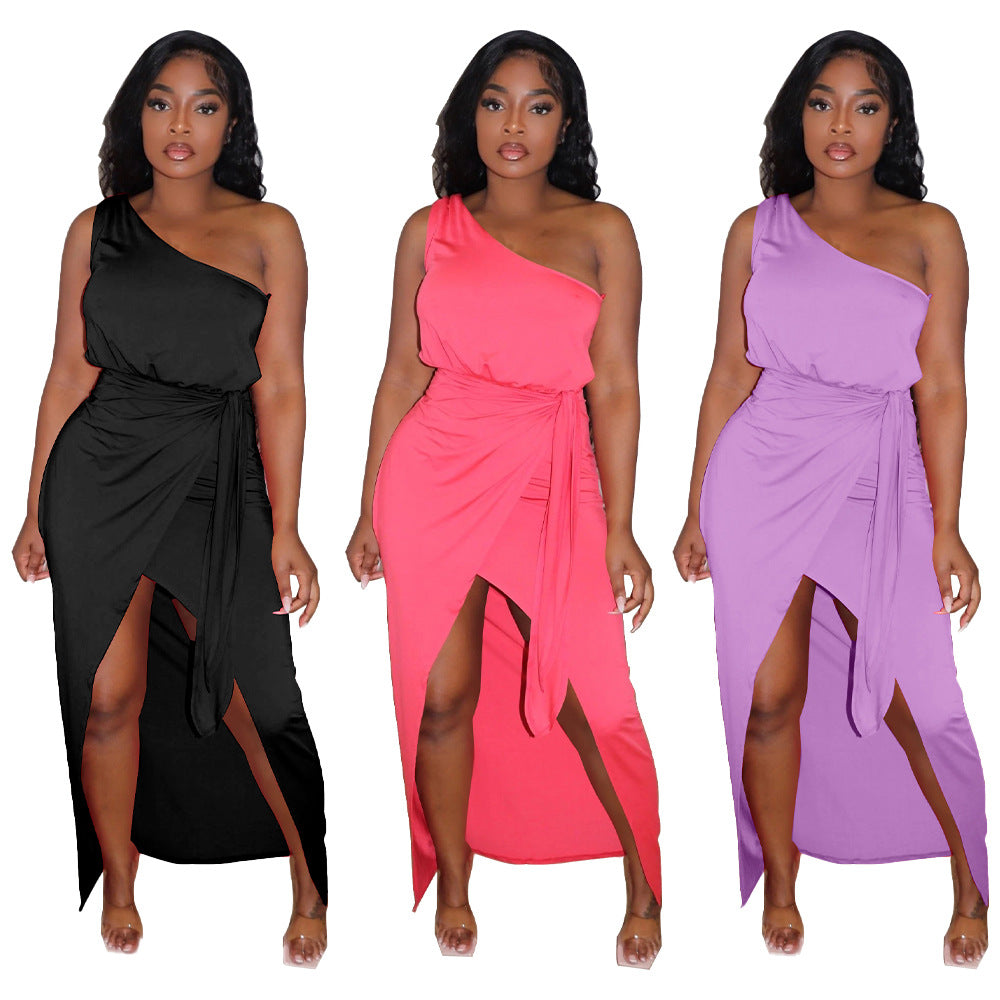 Sexy Solid Color Sloping Shoulder Slim Fit Irregular Dress