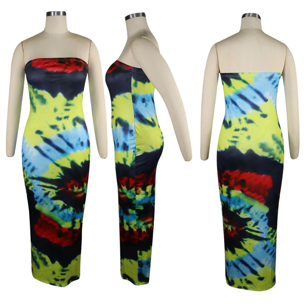 Sexy Tie Dye Print Strapless Off Shoulder Maxi Dress