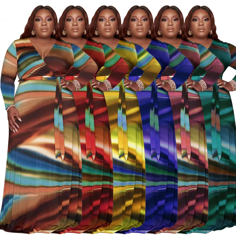 Sexy Plus Size Printed V Neck Long Sleeve Sashes Maxi Dress