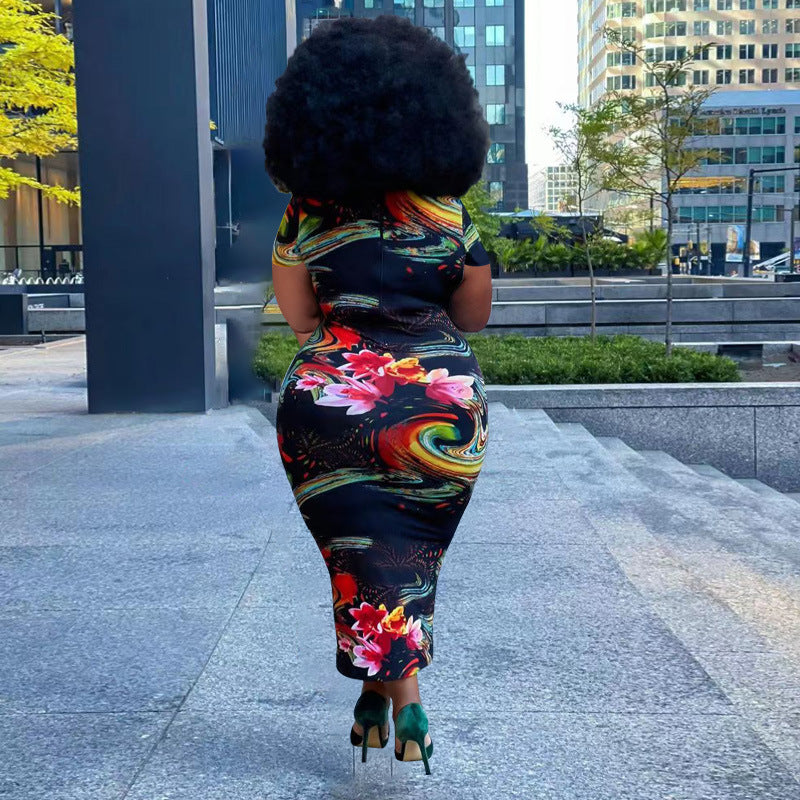 Sexy Plus Size Printed Short Sleeve Slim Maxi Dress
