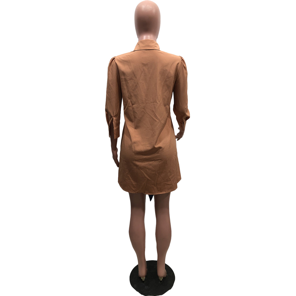 Sexy Casual 3/4 Sleeve Splice Lace-Up Shirt Dress