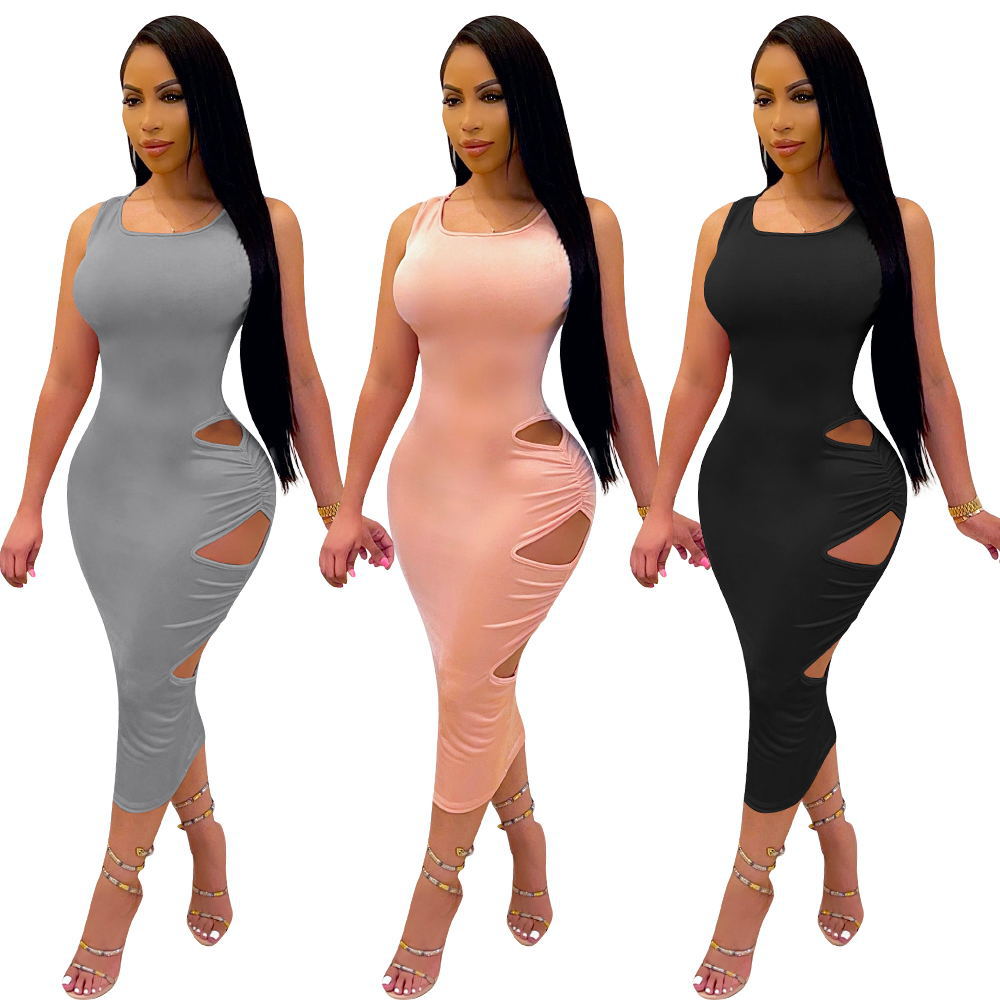 Sexy Solid Sleeveless Backless Hollow Out Midi Dress