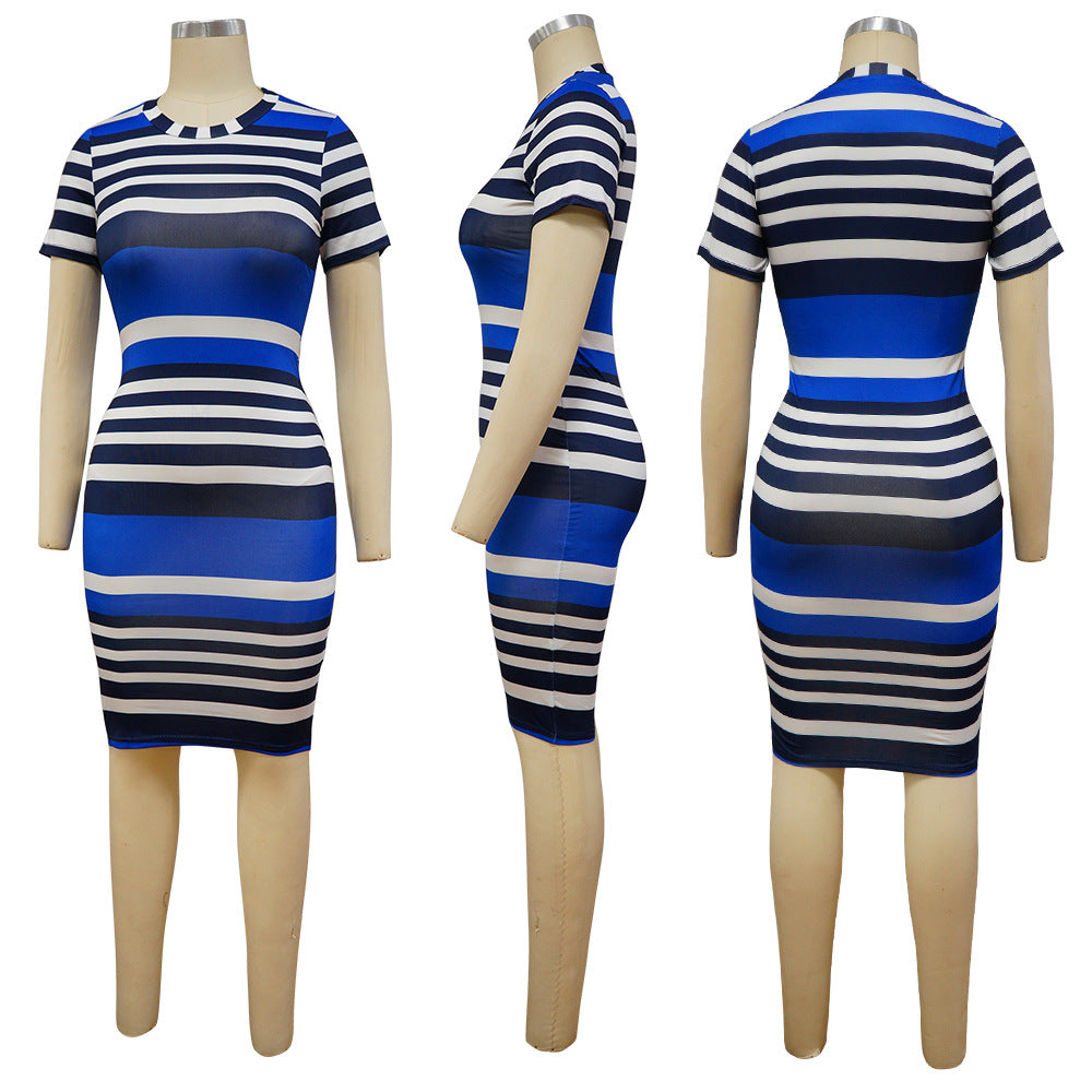 Sexy Short Sleeve Striped Print Midi Dress