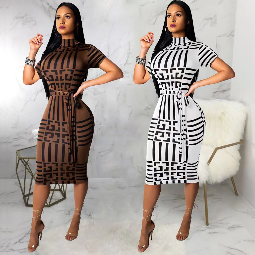 Sexy Sexy Printed Short Sleeve Sashes Slim Midi Dress