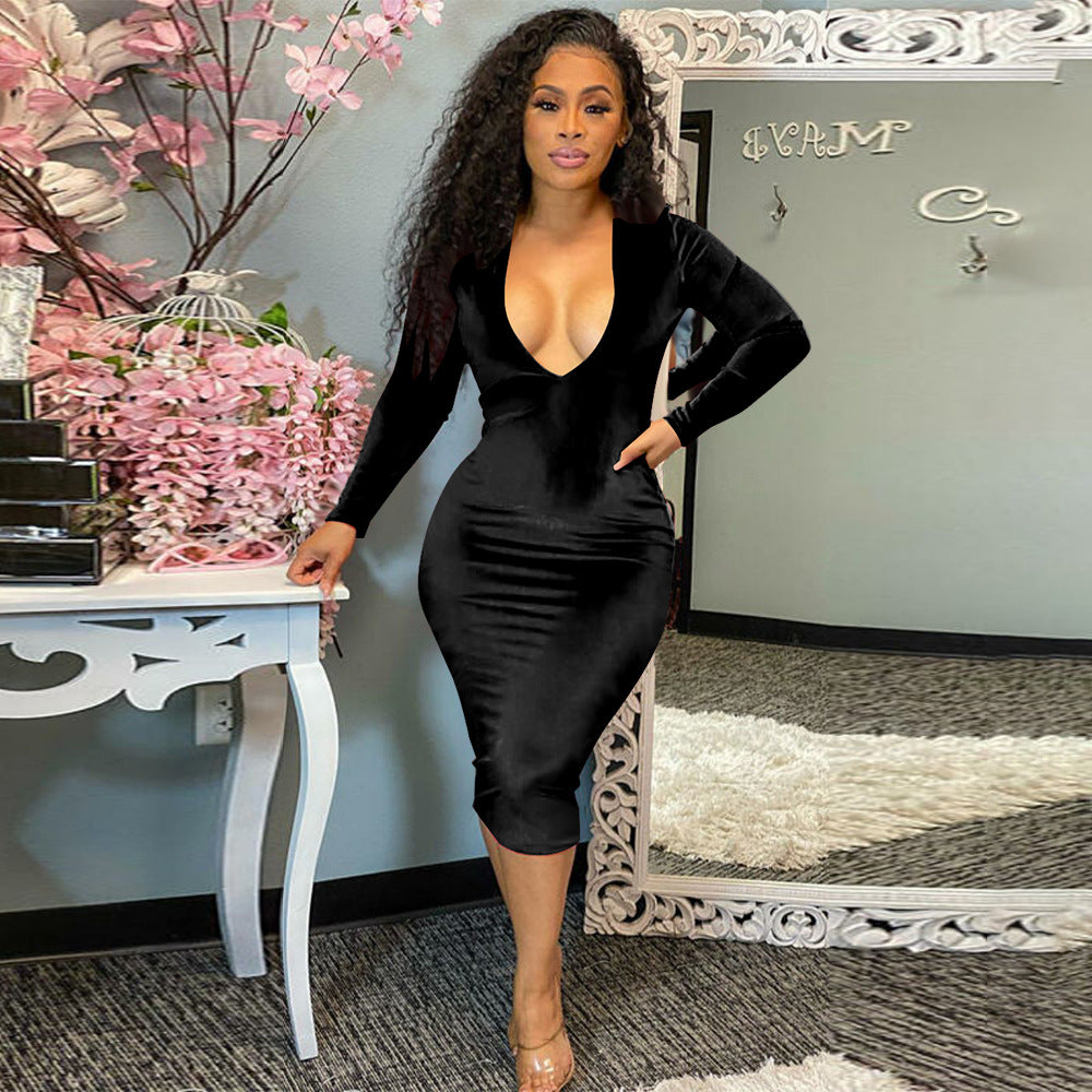Sexy Sexy Velvet V Neck Long Sleeve Midi Dress