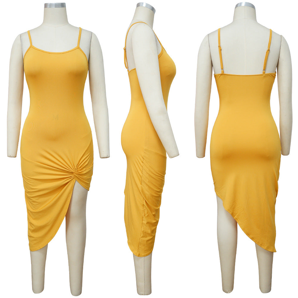 Sexy Solid Color Sexy Sling Irregular Midi Dress