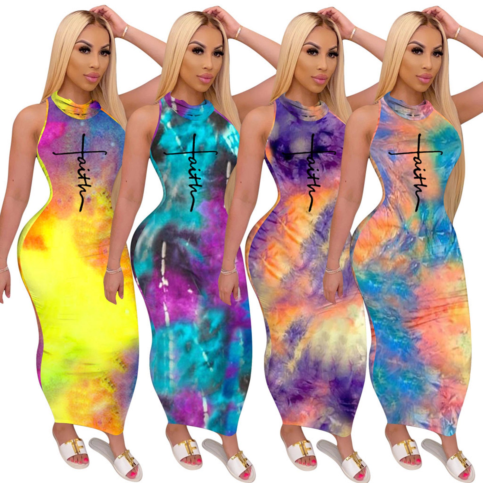 Sexy Tie Dye Print Mask One Piece Sleeveless Maxi Dress
