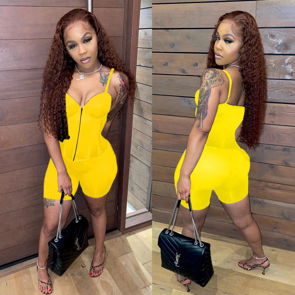 Sexy Sexy Solid Straps Zipper Top And Shorts 2 Piece Sets