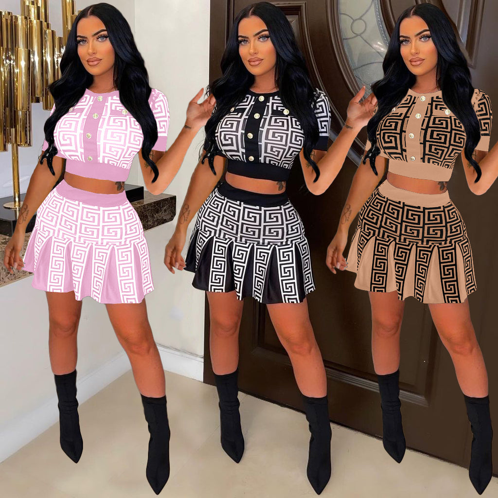 Sexy Casual Short Sleeve Crop Tops And Pleated Skirt 2 Piece Set
