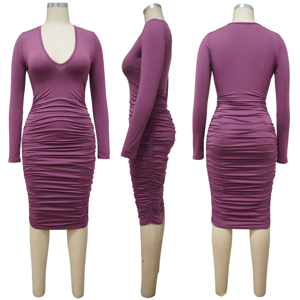 Sexy Solid Color Long Sleeve Skinny Ruched V-neck Midi Dress