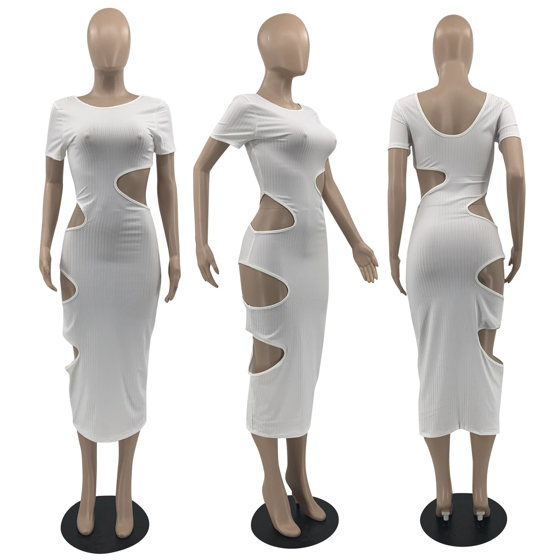 Sexy Solid Short Sleeve Hollow Out Midi Dress