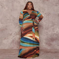 Sexy Plus Size Printed V Neck Long Sleeve Sashes Maxi Dress