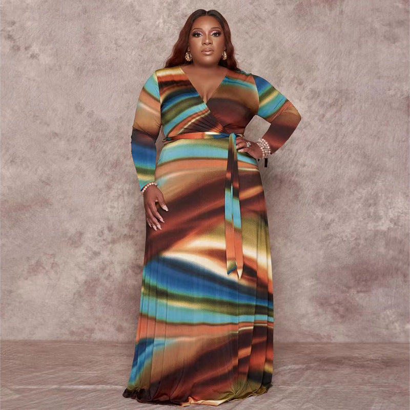 Sexy Plus Size Printed V Neck Long Sleeve Sashes Maxi Dress