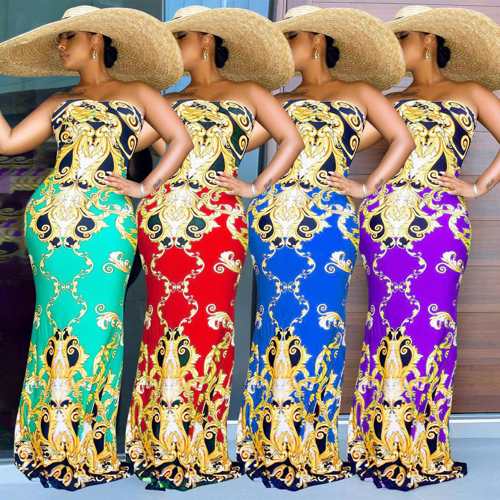 Sexy Plus Size Retro Print Strapless  Maxi Dress