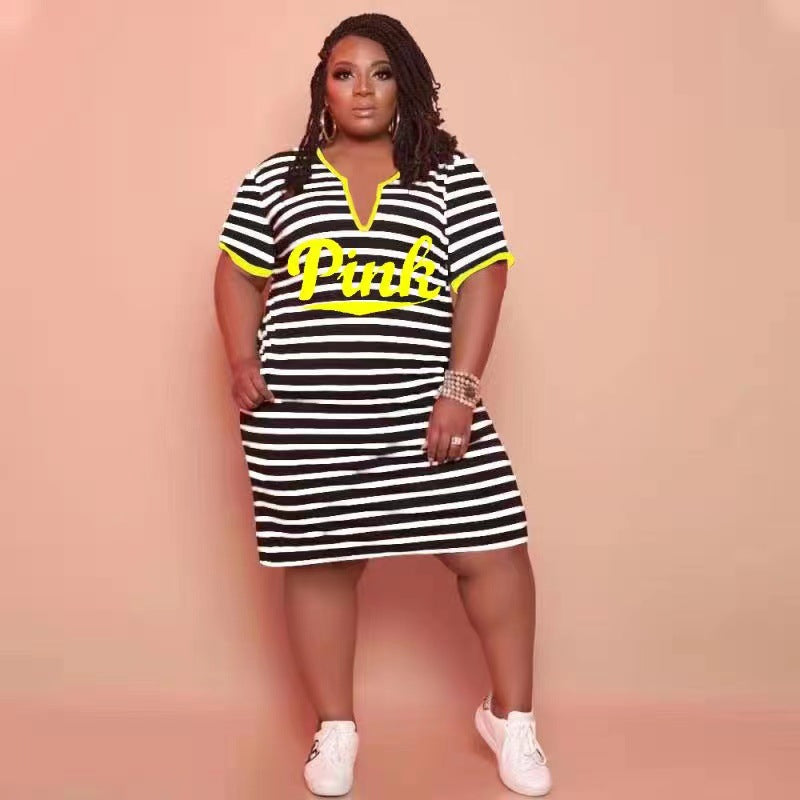 Sexy Plus Size Pink Letter Striped Short Sleeve Midi Dress