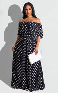 Sexy Chiffon Polka Dot Print Slash Neck Pleated Maxi Dress