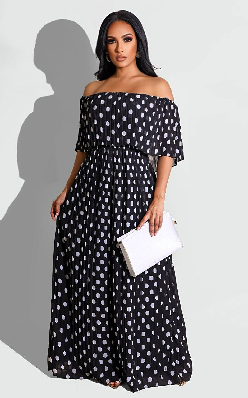 Sexy Chiffon Polka Dot Print Slash Neck Pleated Maxi Dress