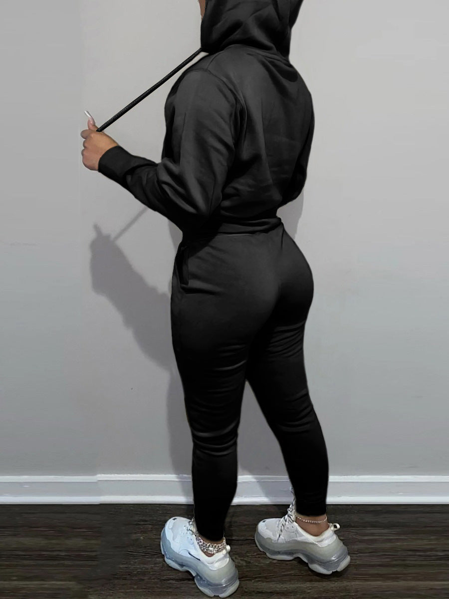 Sexy Fashion Zipper Hooded And Pants Two Piece Set