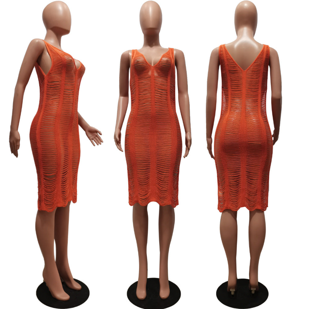 Sexy Solid Knit Sleeveless Hollow Out Midi Dress