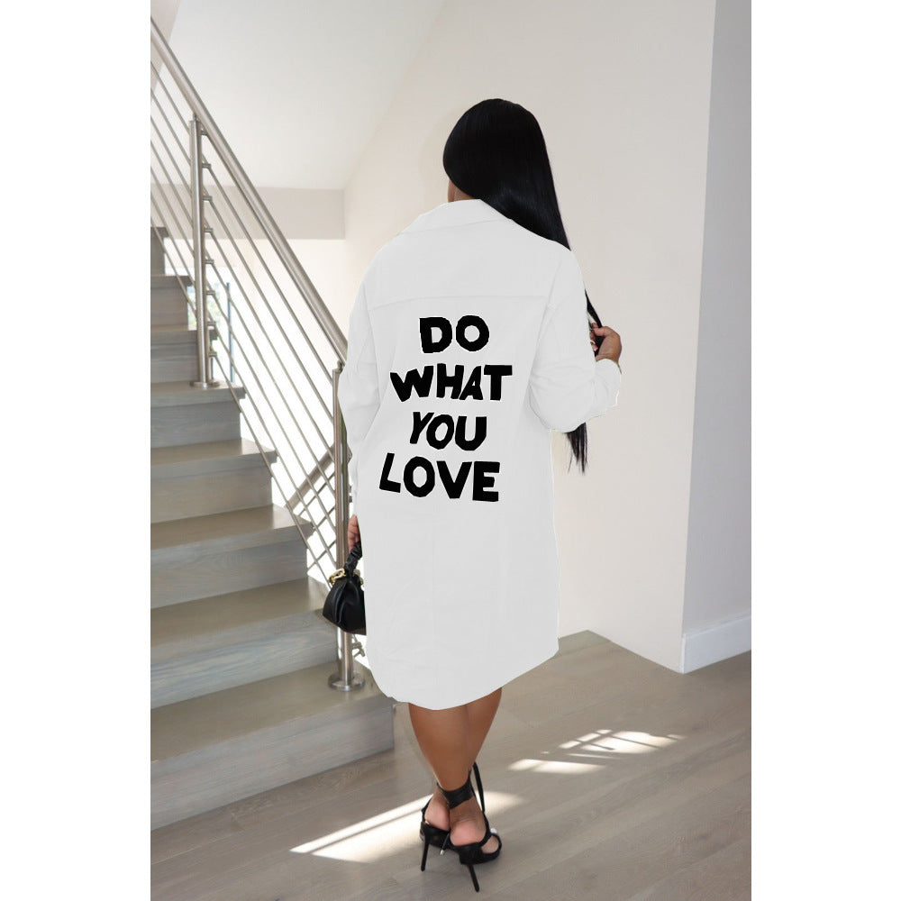 Sexy Letter Print Long Sleeve Loose Shirt Dress