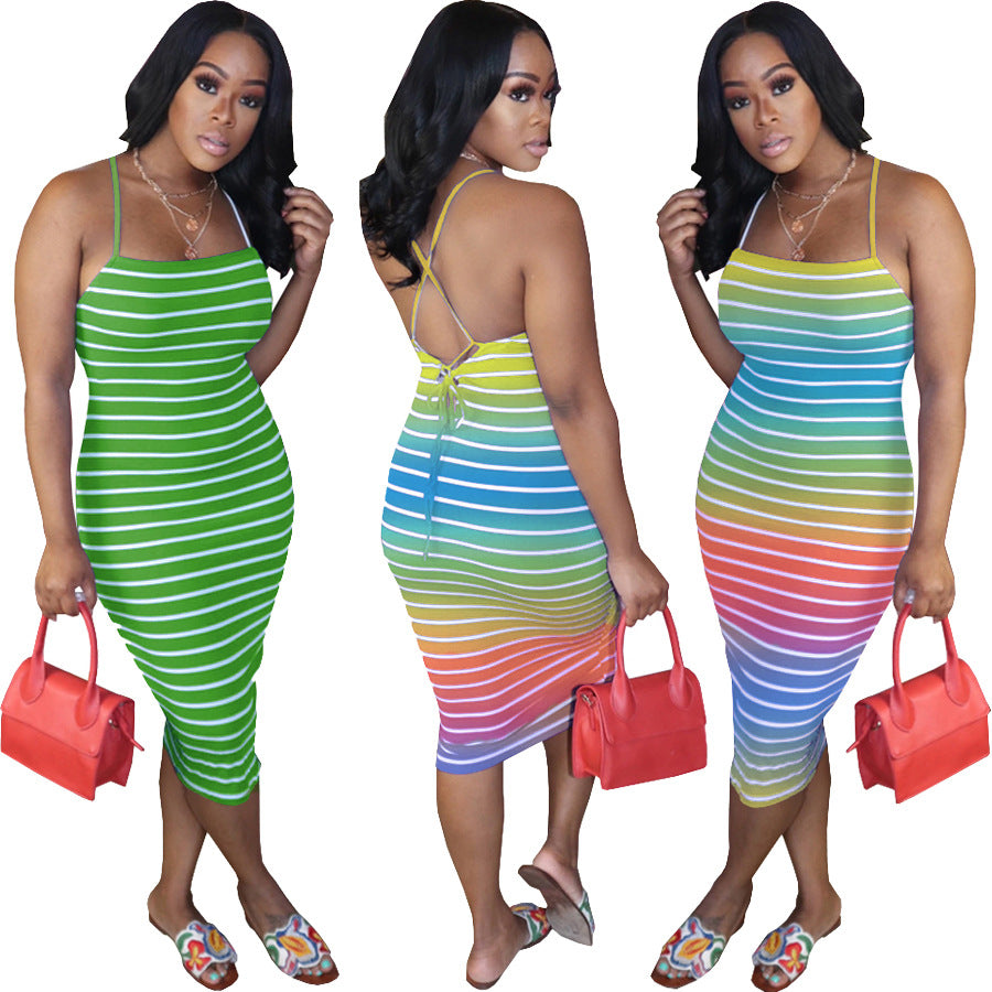 Sexy Sexy Striped Cross Strap Midi Dress