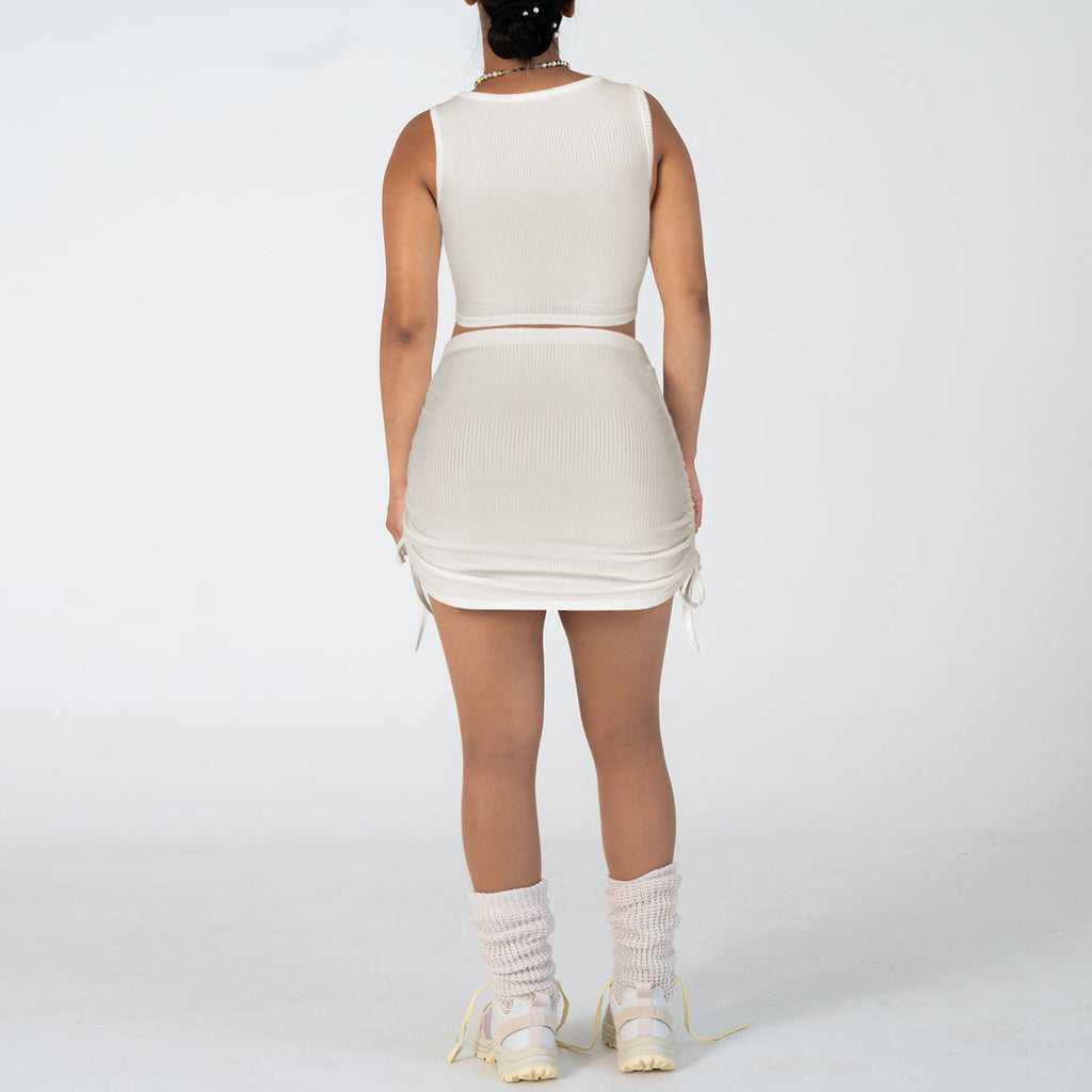 Sexy Solid Color Sleeveless Drawstring Skirt 2 Piece Set