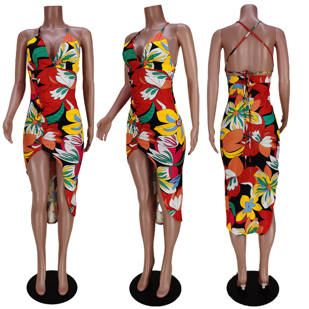 Sexy Floral Print Cross Strap Split Irregular Dress