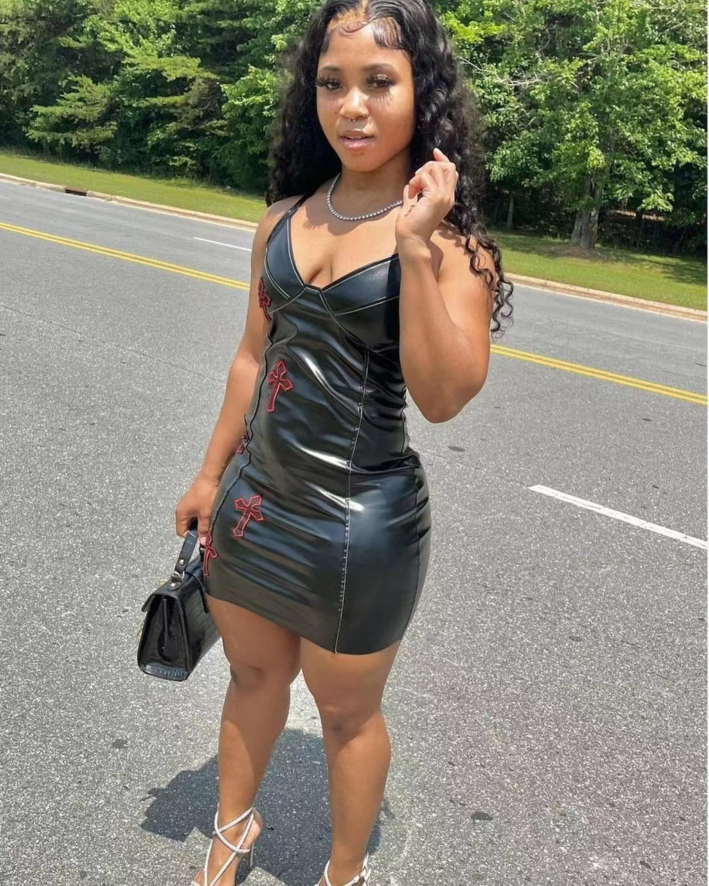 Sexy PU Leather Night Club Sling Mini Dress
