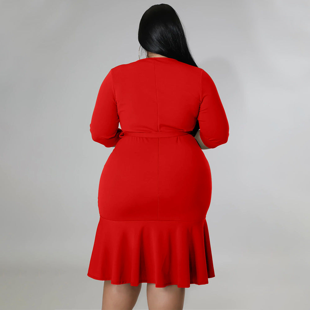 Sexy Plus Size Solid V Neck 3/4 Sleeve Ruffled Bodycon Dress