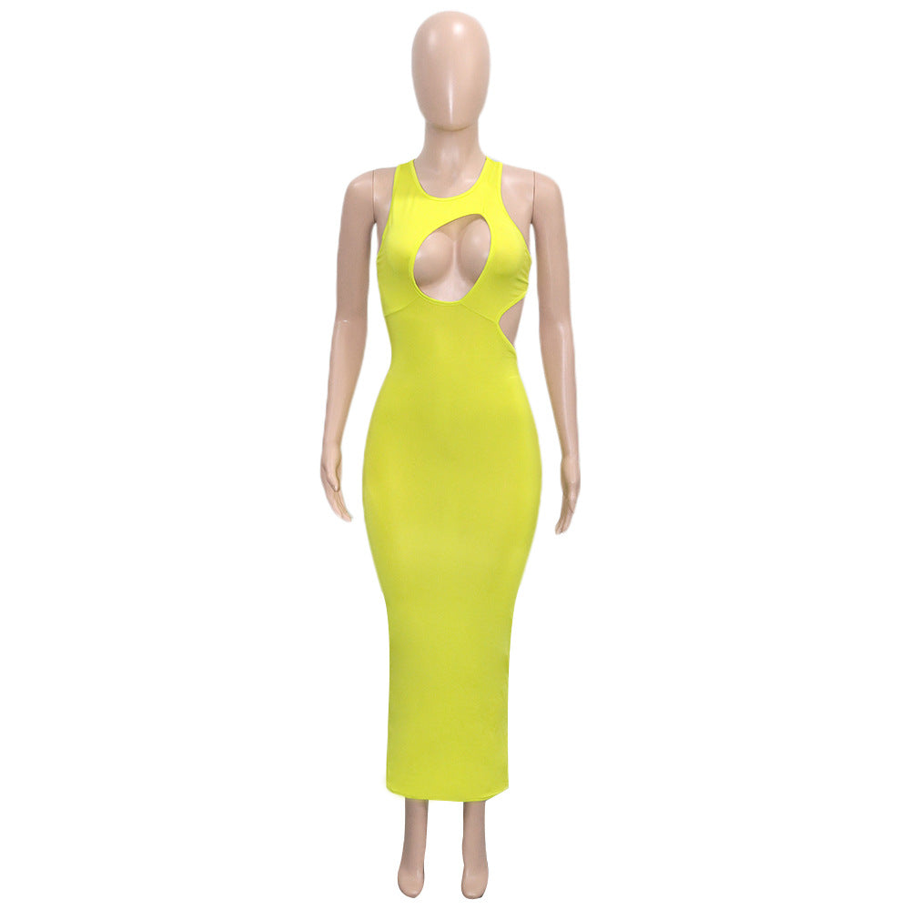 Sexy Solid Sleeveless Hollow Out Long Dress