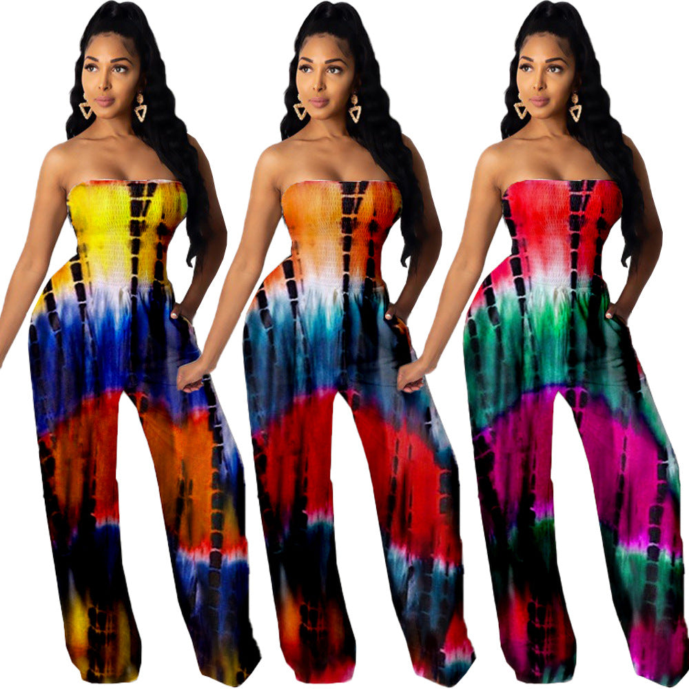 Sexy Sexy Tie Dye Print Off Shoulder Tube Jumpsuit