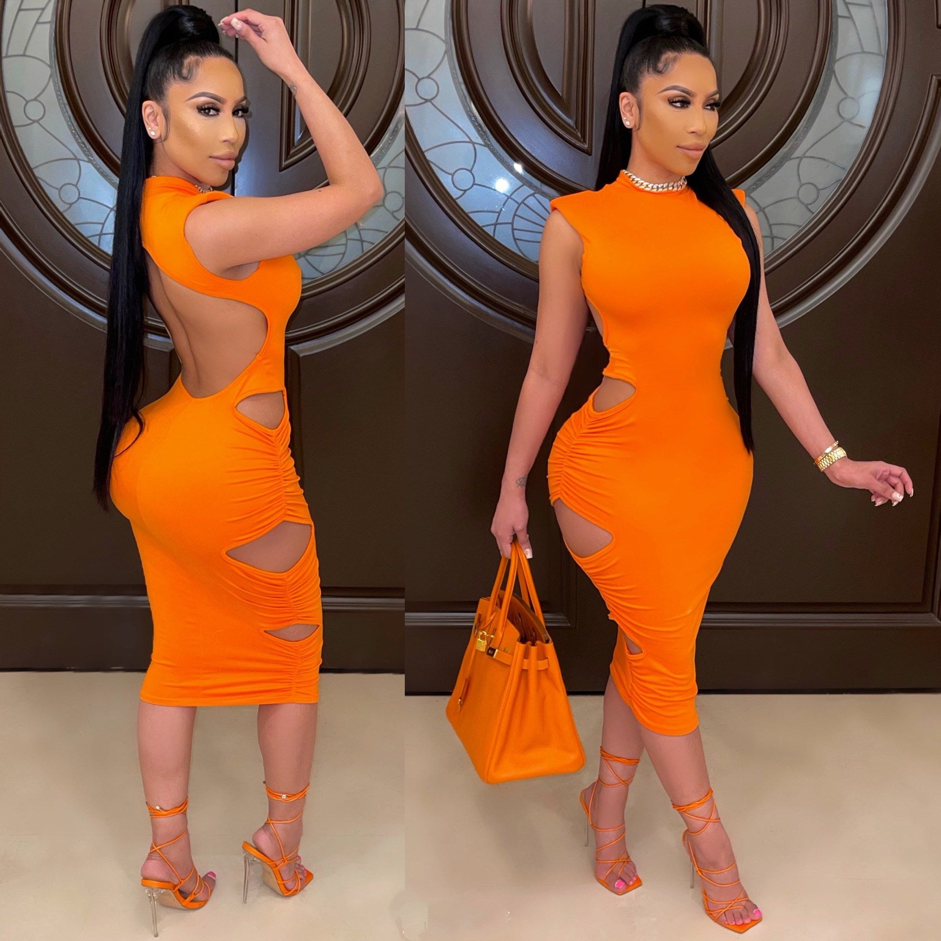 Sexy Solid Sleeveless Backless Hollow Midi Dress