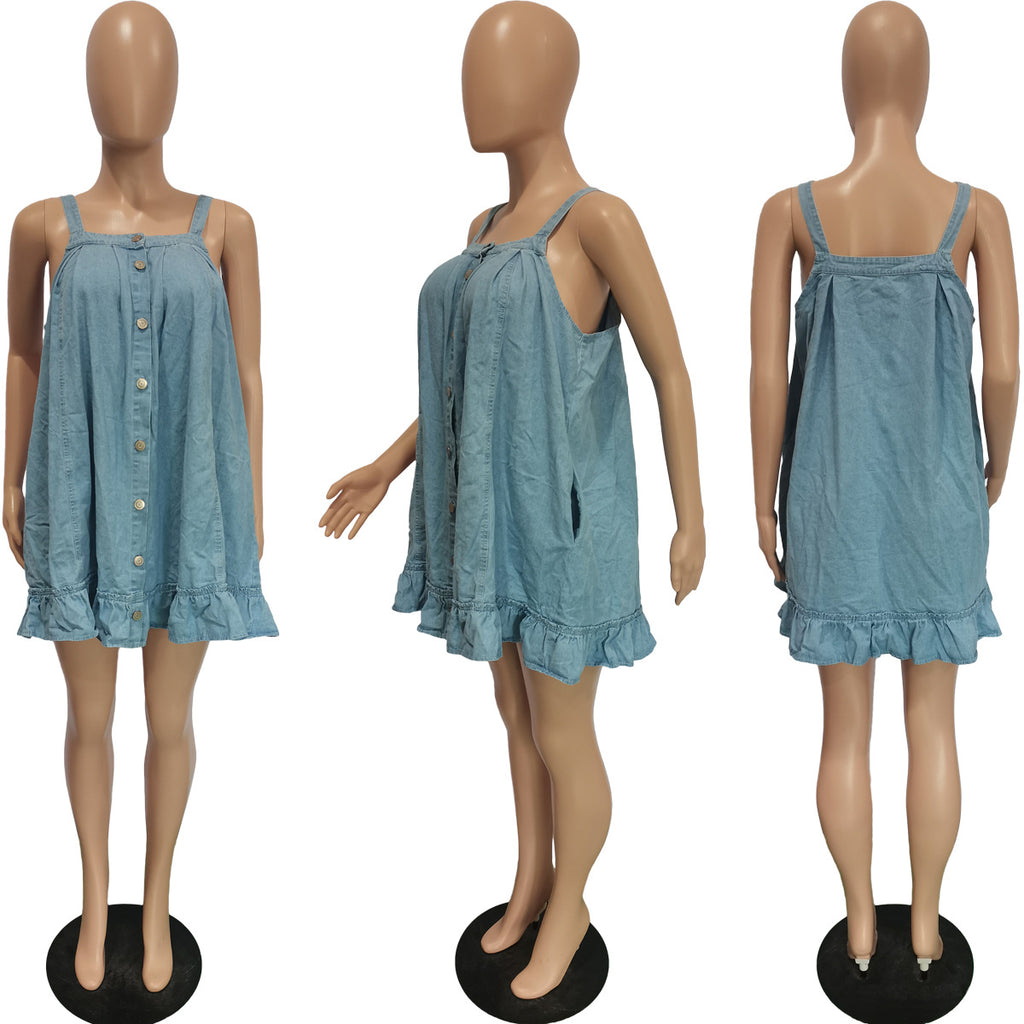Sexy Casual Solid Color Sling Pocket Loose Denim Dress