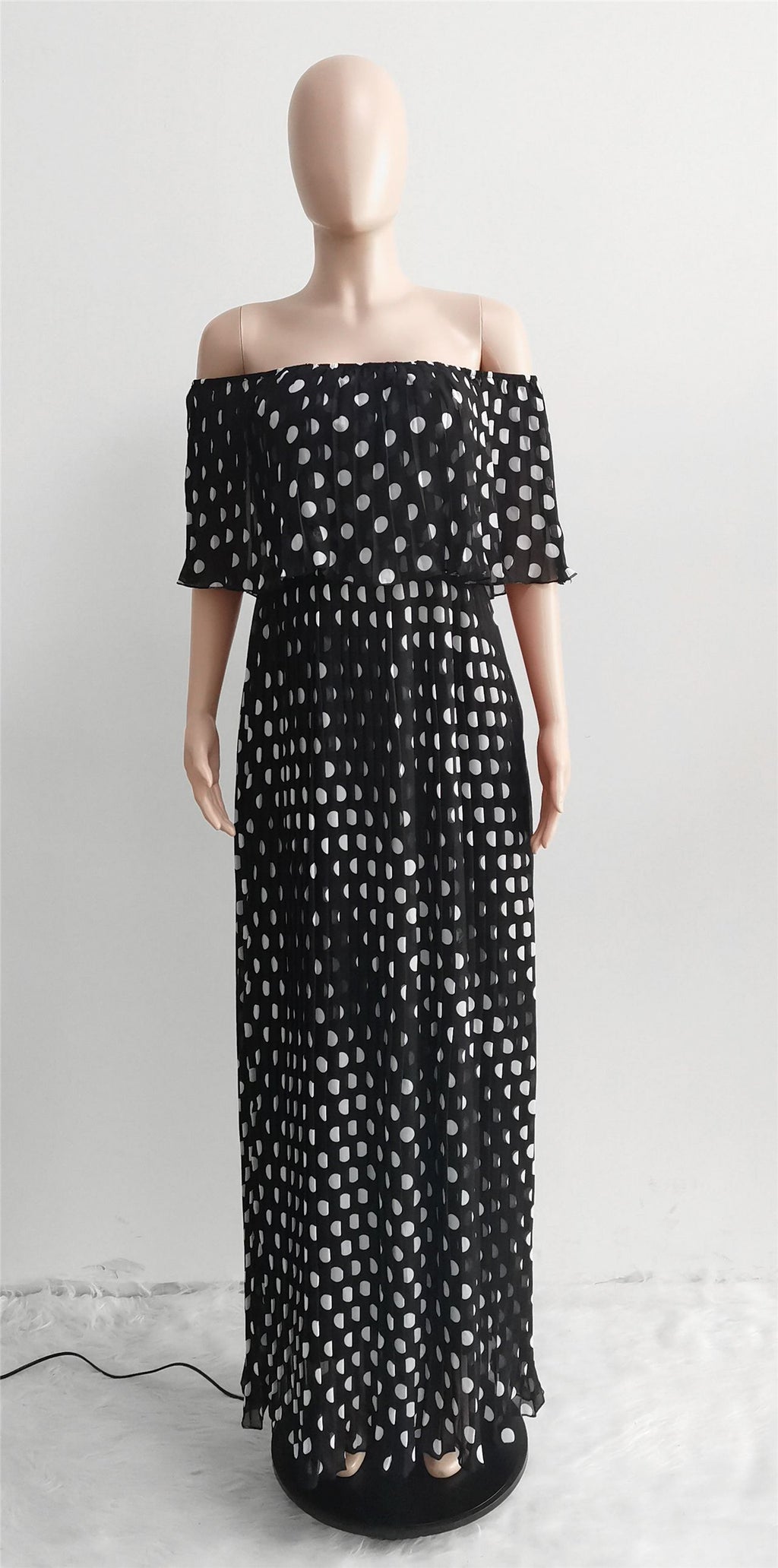 Sexy Chiffon Polka Dot Print Slash Neck Pleated Maxi Dress