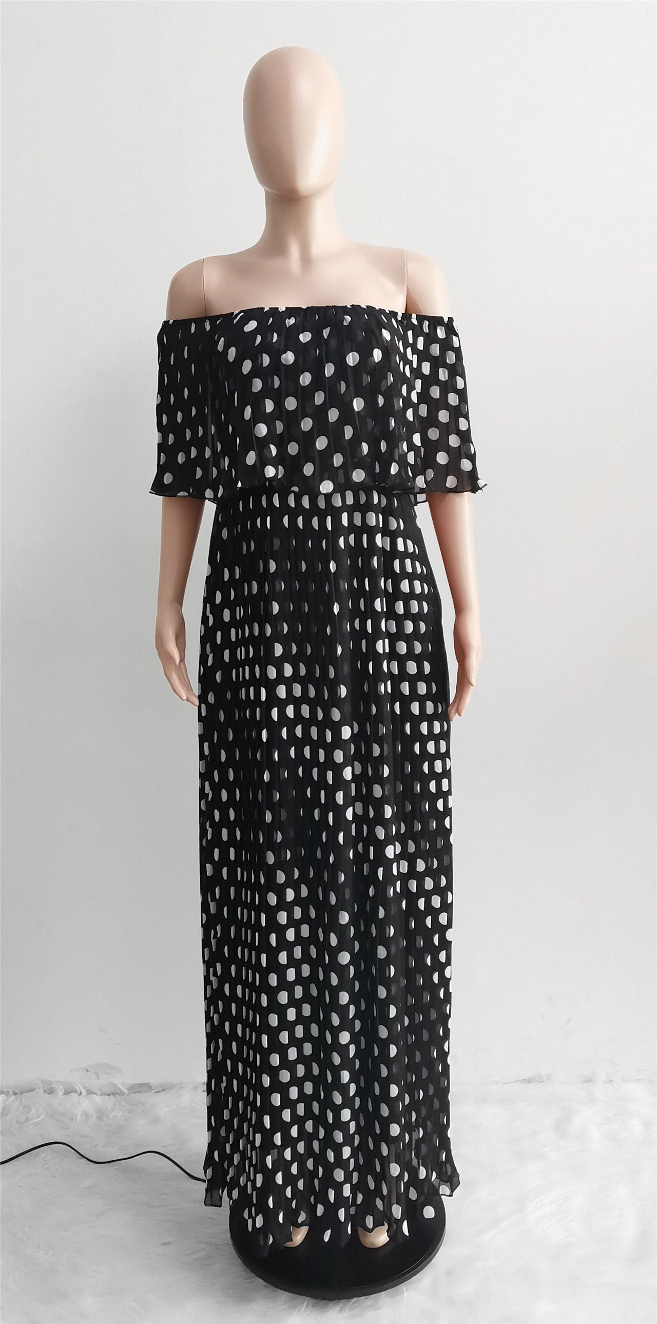 Sexy Chiffon Polka Dot Print Slash Neck Pleated Maxi Dress