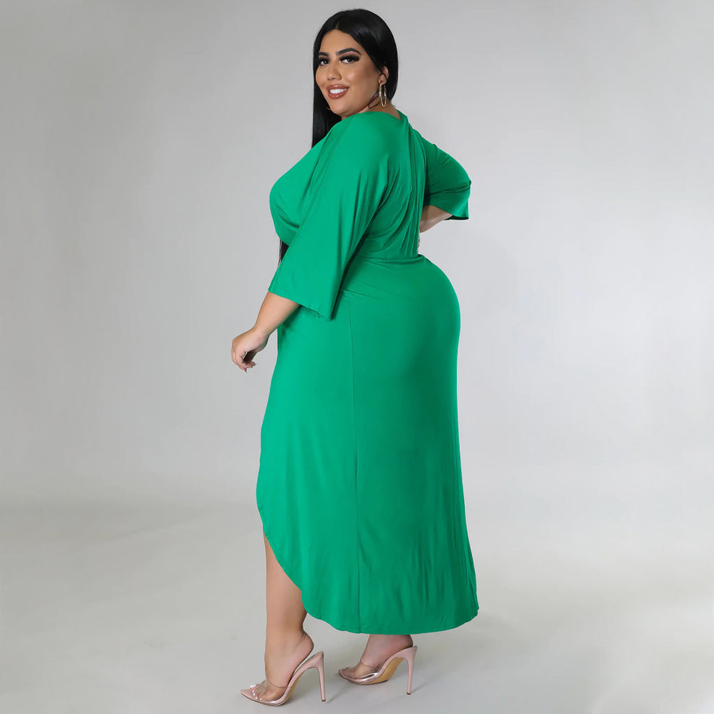 Sexy Plus Size Solid V Neck Irregular Long Dress