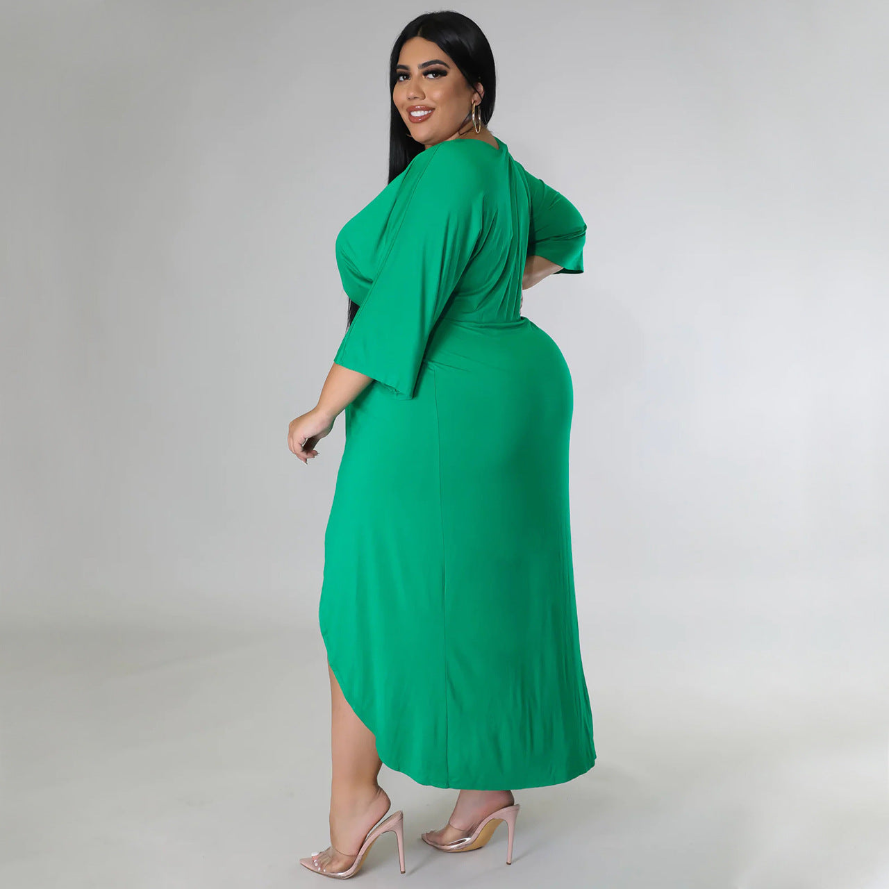 Sexy Plus Size Solid V Neck Irregular Long Dress