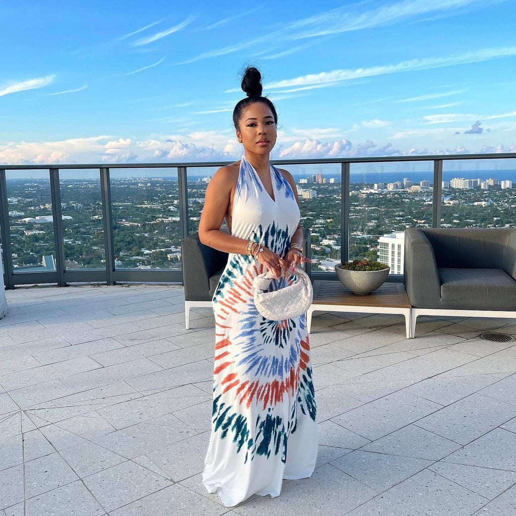 Sexy Sexy Printed V Neck Halter Maxi Dress
