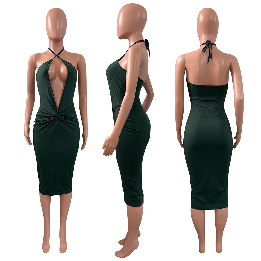 Sexy Solid Deep V Neck Halter Midi Dress