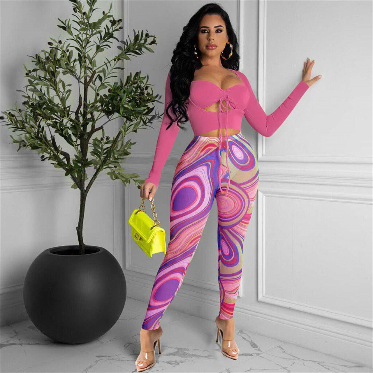 Sexy Sexy Crop Top+Mesh Printed Pants 2 Piece Sets