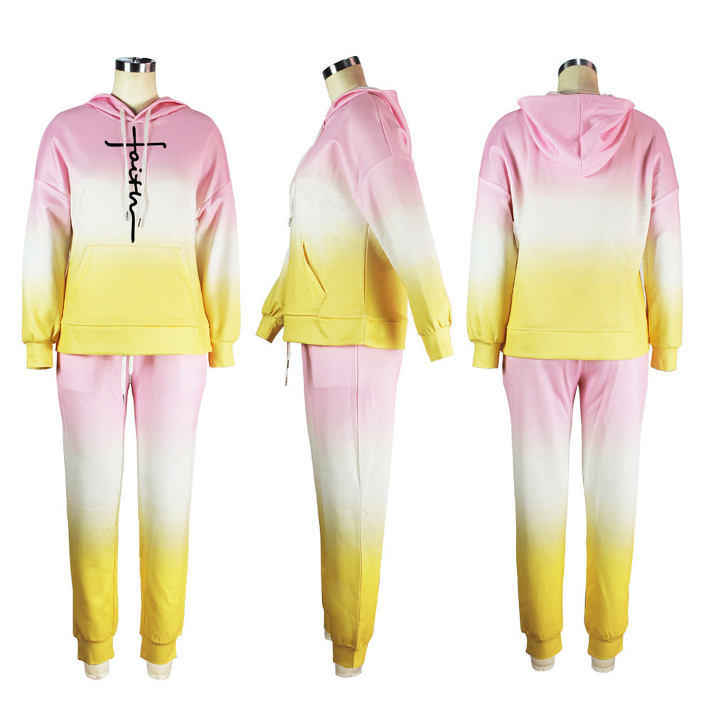Sexy Gradient Casual Hooded Sweatshirt Two Piece Set