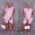 Sexy Solid Shoulder Pads Sleeveless 2 Piece Shorts Set
