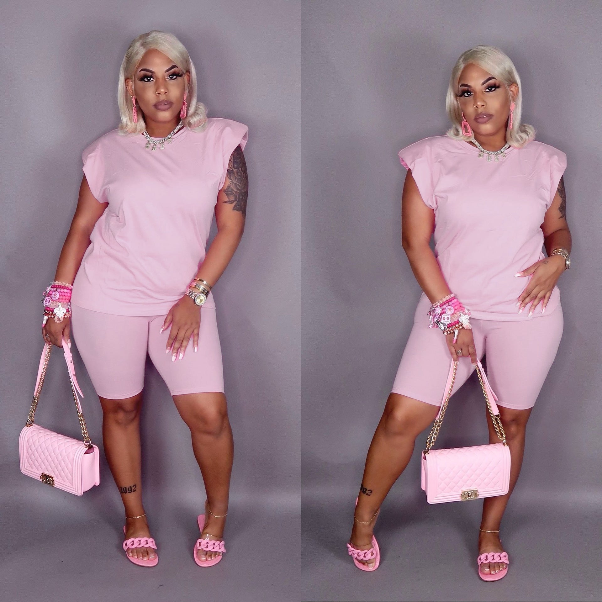 Sexy Solid Shoulder Pads Sleeveless 2 Piece Shorts Set