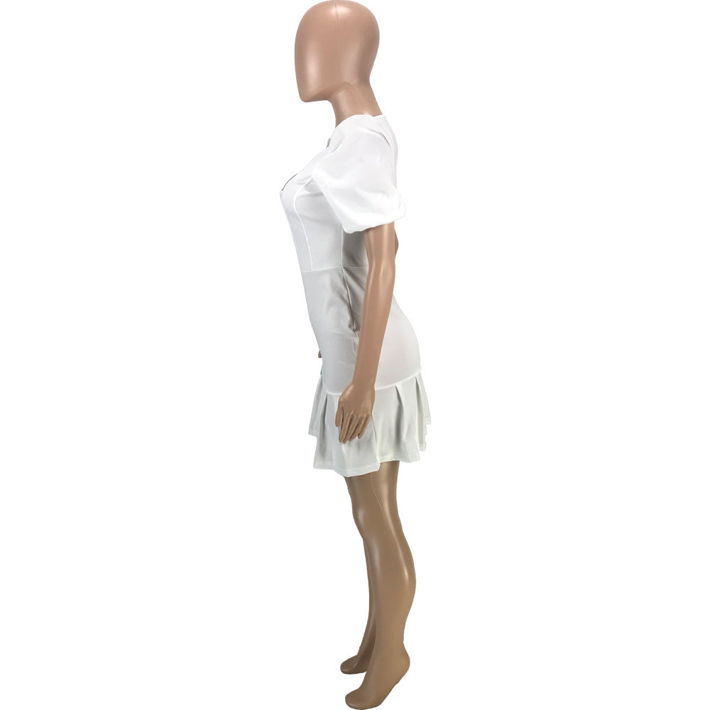 Sexy Solid Puff Sleeve Pleated Mini Dress