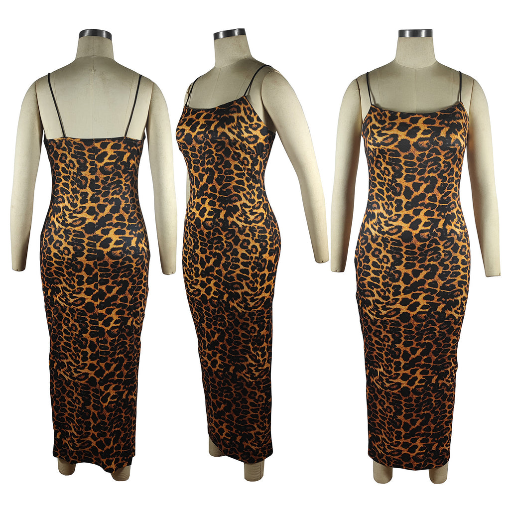 Sexy Leopard Print Sleeveless Sling Long Dress (Without Belt)